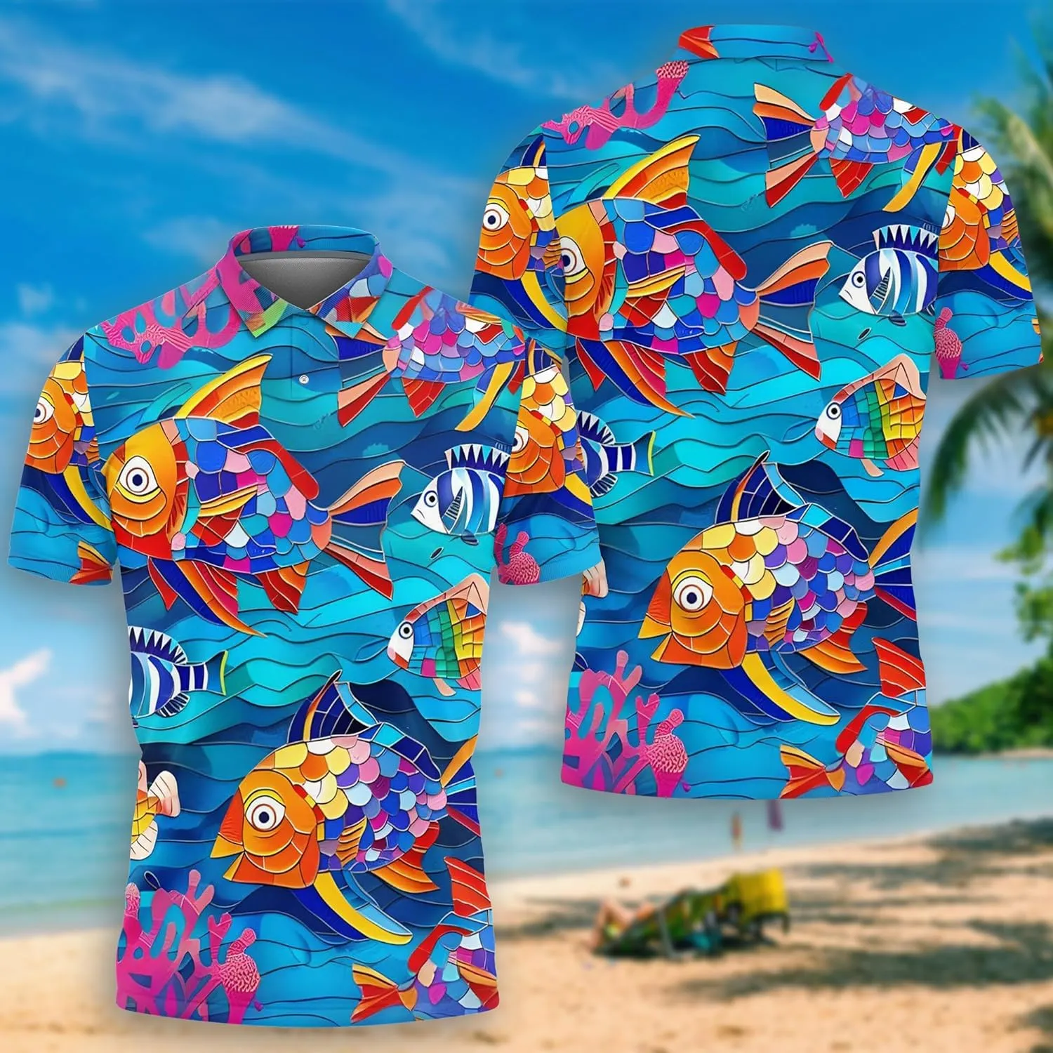 Tropical Ocean Polo Shirts for Men - Short Sleeve Golf Shirts Ocean Lover Mens Polo T-Shirt Casual Style 06