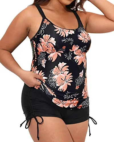 Tummy Control Bathing Suit Top Plus Size Swimwear For Women-Black Orange Floral