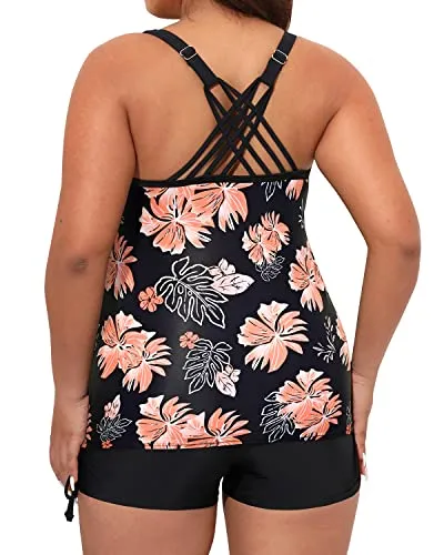 Tummy Control Bathing Suit Top Plus Size Swimwear For Women-Black Orange Floral