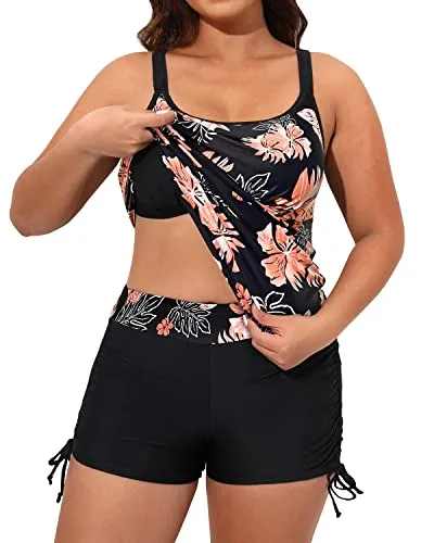 Tummy Control Bathing Suit Top Plus Size Swimwear For Women-Black Orange Floral