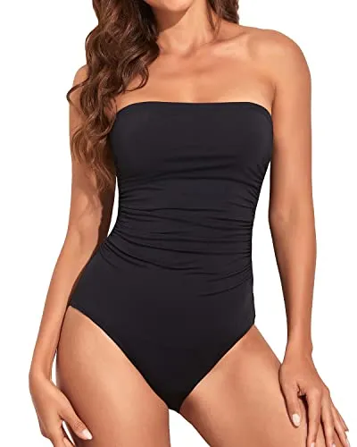 Tummy Control One Piece Swimsuits Strapless Bathing Suits For Women-Black
