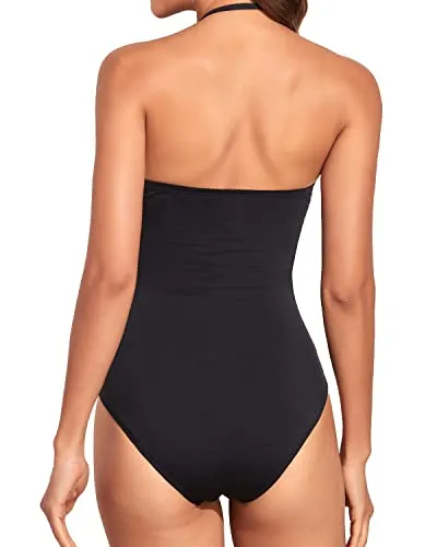 Tummy Control One Piece Swimsuits Strapless Bathing Suits For Women-Black