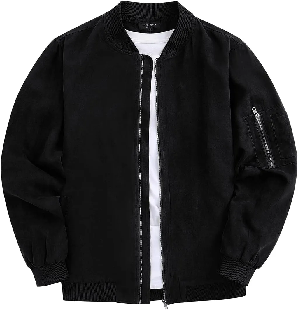 TURETRENDY Men's Suede Bomber Varsity Leather Jackets Lightweight Softshell Flight Full Zip Casual Coat
