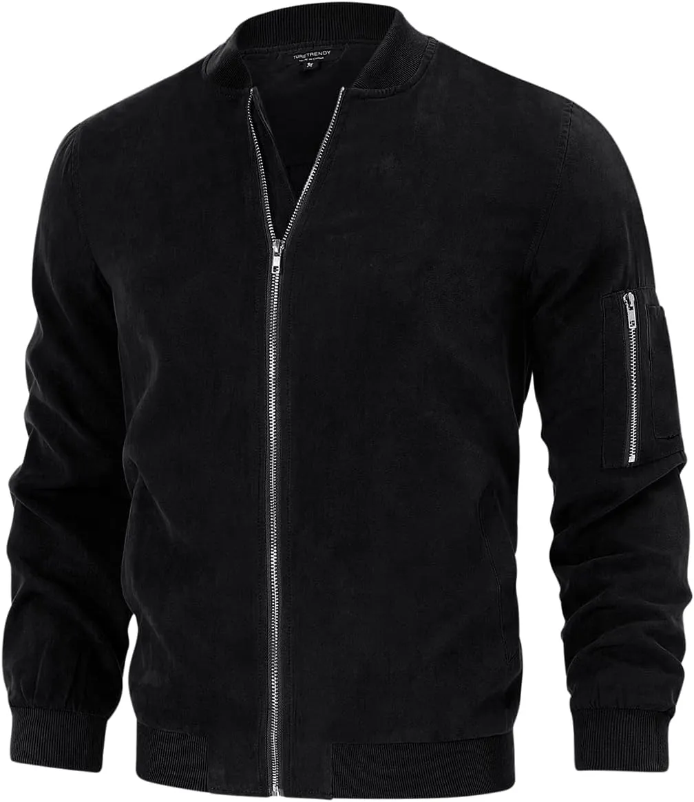 TURETRENDY Men's Suede Bomber Varsity Leather Jackets Lightweight Softshell Flight Full Zip Casual Coat