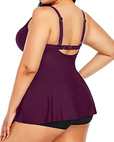 Twist Front Plus Size Tankini Swimsuit Tummy Control Bathing Suits For Women-Maroon