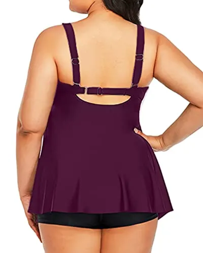 Twist Front Plus Size Tankini Swimsuit Tummy Control Bathing Suits For Women-Maroon