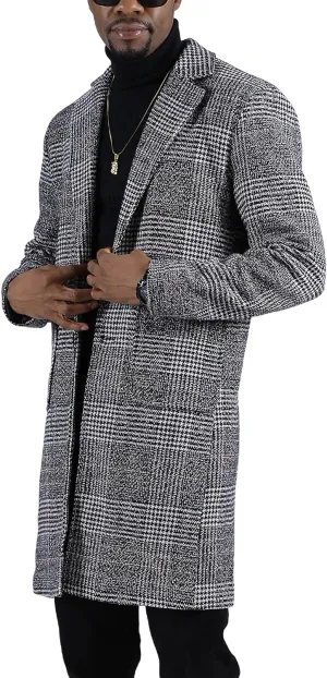 UANEO Mens Winter Trench Coat Notched Collar Single Breasted Plaid Mid Long Peacoat Overcoats with Pockets