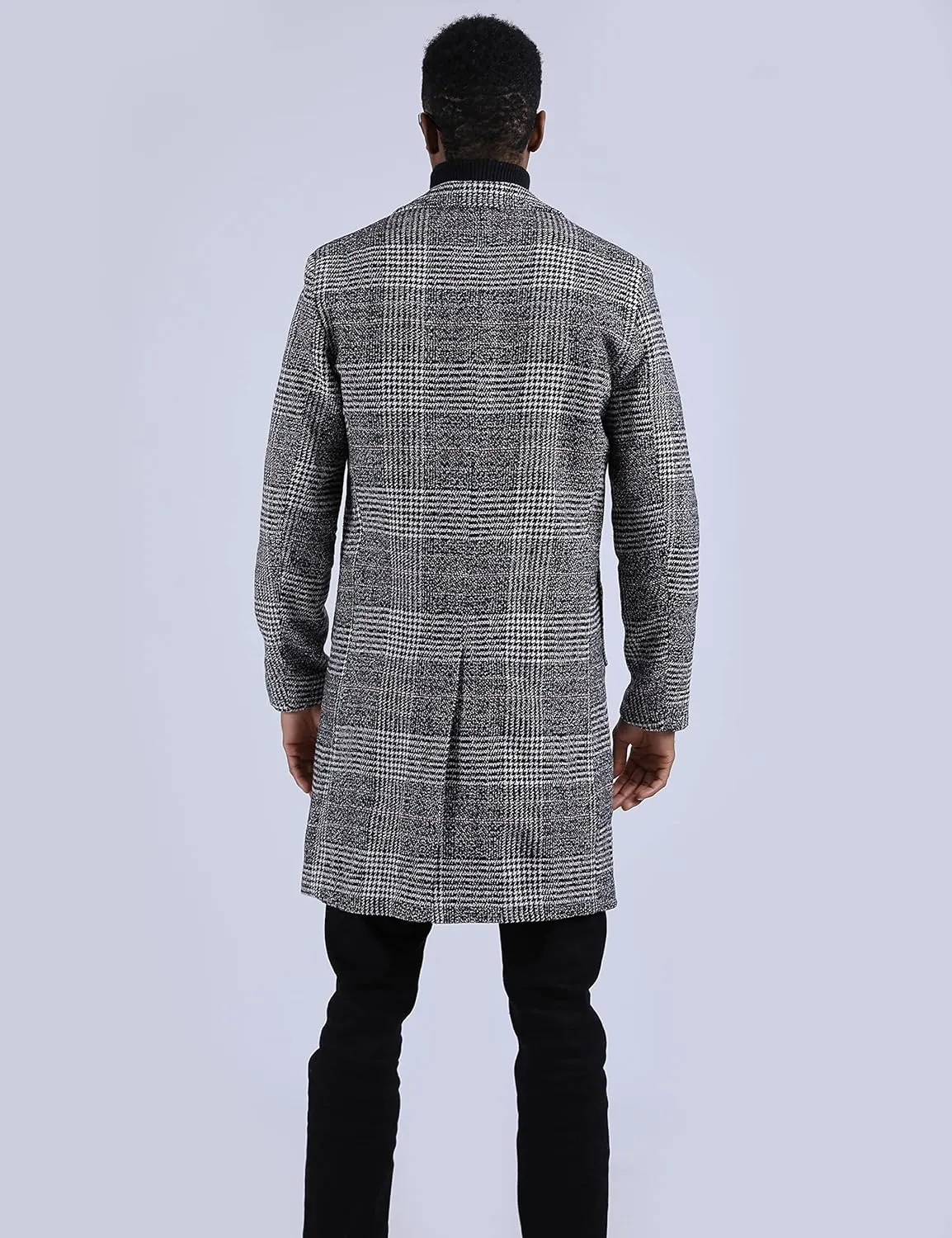 UANEO Mens Winter Trench Coat Notched Collar Single Breasted Plaid Mid Long Peacoat Overcoats with Pockets