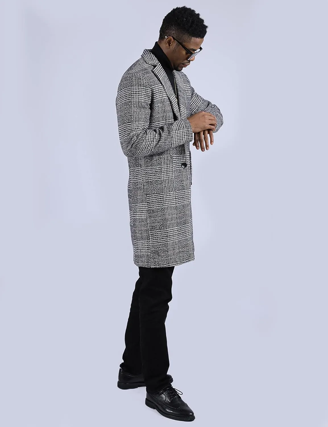 UANEO Mens Winter Trench Coat Notched Collar Single Breasted Plaid Mid Long Peacoat Overcoats with Pockets
