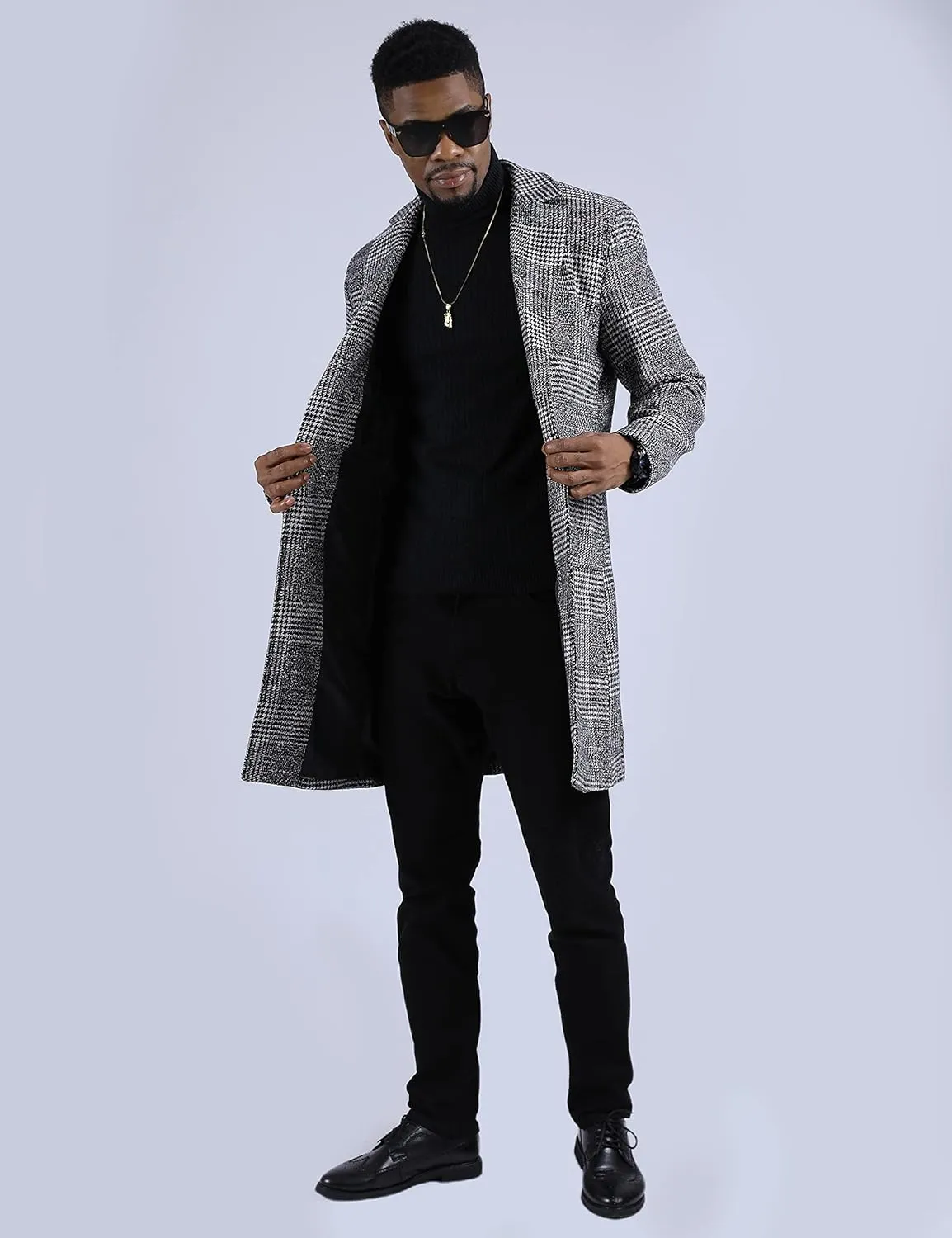 UANEO Mens Winter Trench Coat Notched Collar Single Breasted Plaid Mid Long Peacoat Overcoats with Pockets