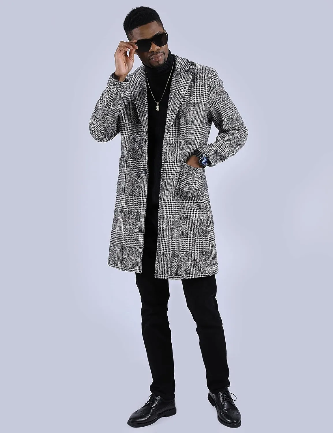 UANEO Mens Winter Trench Coat Notched Collar Single Breasted Plaid Mid Long Peacoat Overcoats with Pockets
