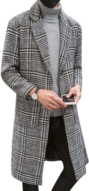 UANEO Mens Winter Trench Coat Notched Collar Single Breasted Plaid Mid Long Peacoat Overcoats with Pockets