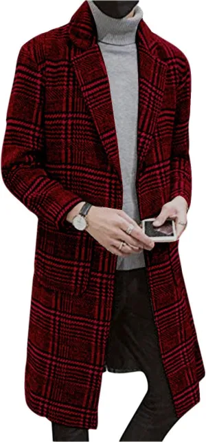 UANEO Mens Winter Trench Coat Notched Collar Single Breasted Plaid Mid Long Peacoat Overcoats with Pockets