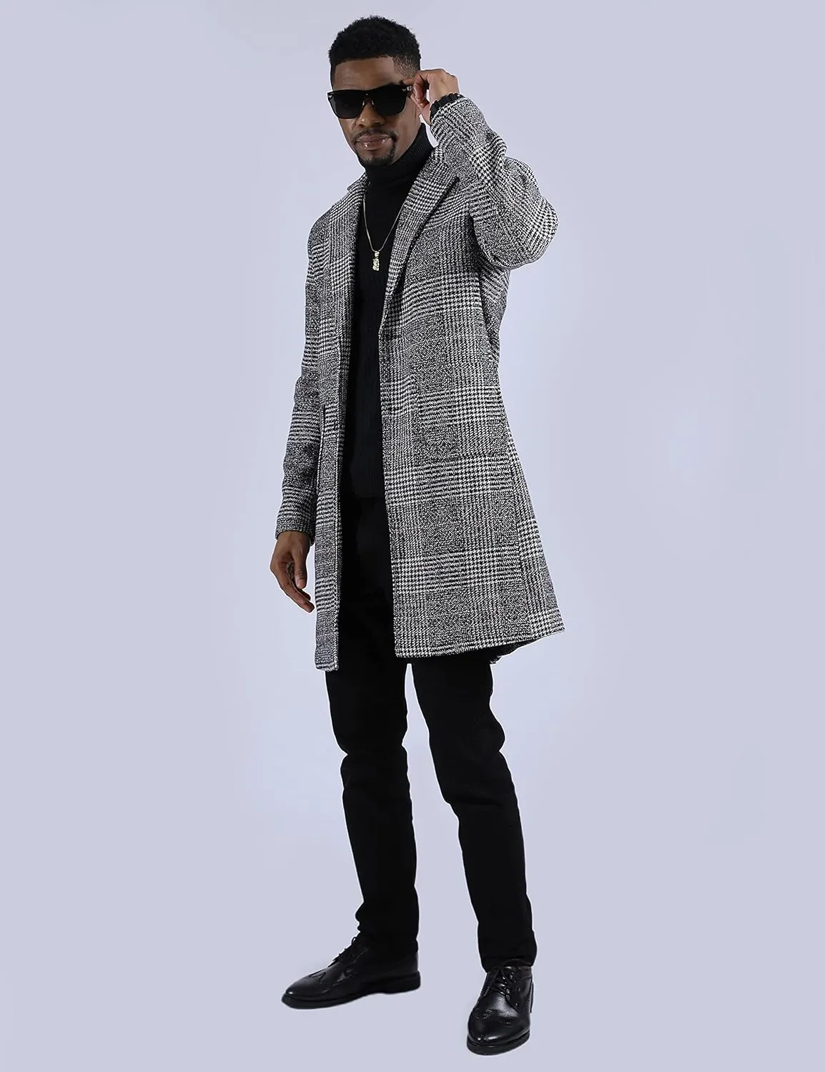 UANEO Mens Winter Trench Coat Notched Collar Single Breasted Plaid Mid Long Peacoat Overcoats with Pockets