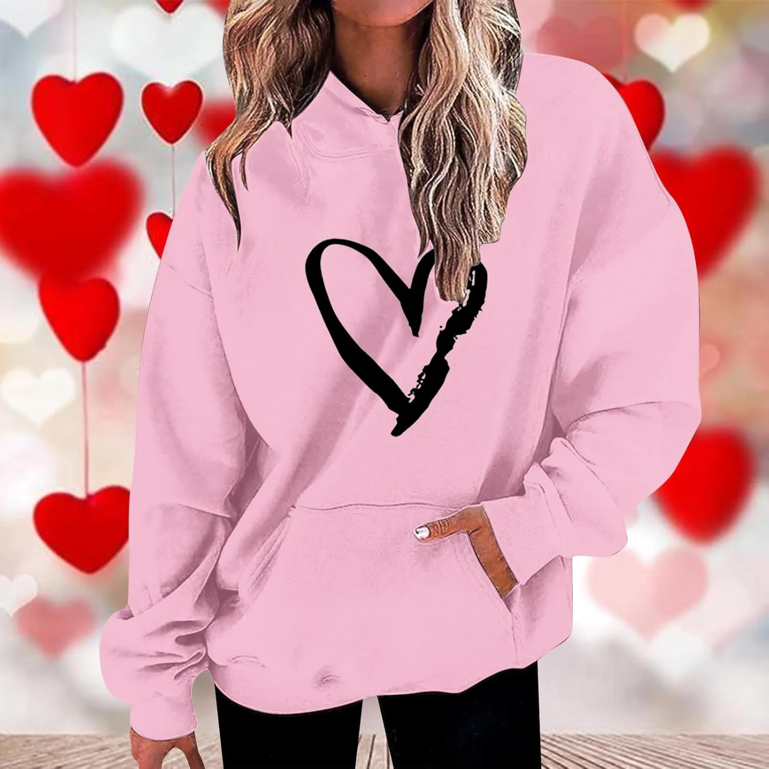 Valentines Hoodies For Women Dressy Casual 2025 Love Heart Print Oversized Fleece Hooded Pullover Sweatshirts