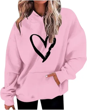 Valentines Hoodies For Women Dressy Casual 2025 Love Heart Print Oversized Fleece Hooded Pullover Sweatshirts