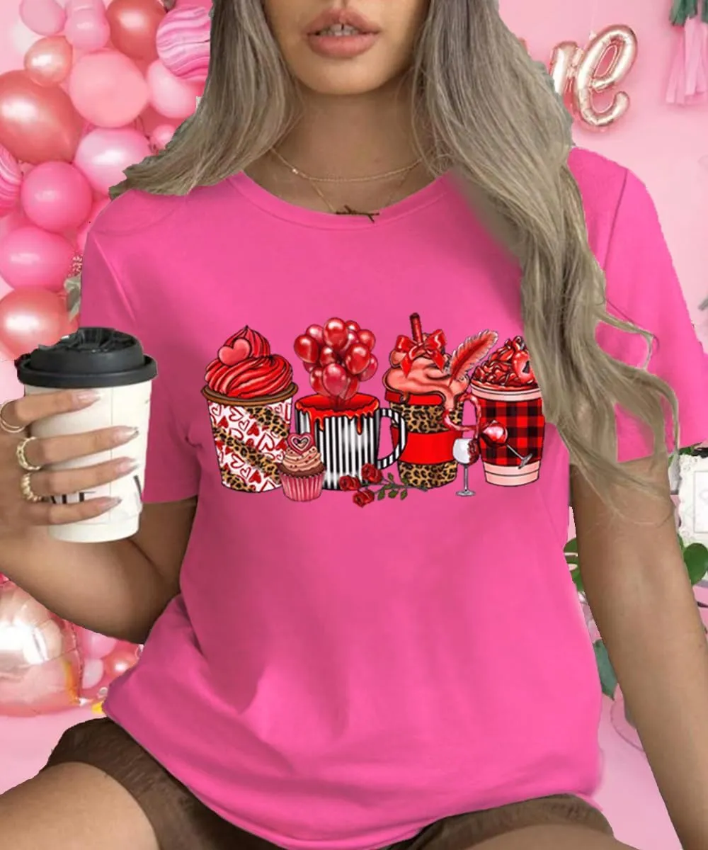 Valentines Shirts for Women Cute Coffee Latte Graphic Holiday Casual Outfit Short Sleeve Tops