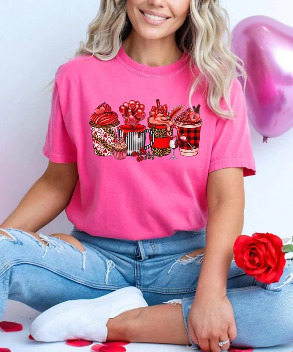 Valentines Shirts for Women Cute Coffee Latte Graphic Holiday Casual Outfit Short Sleeve Tops