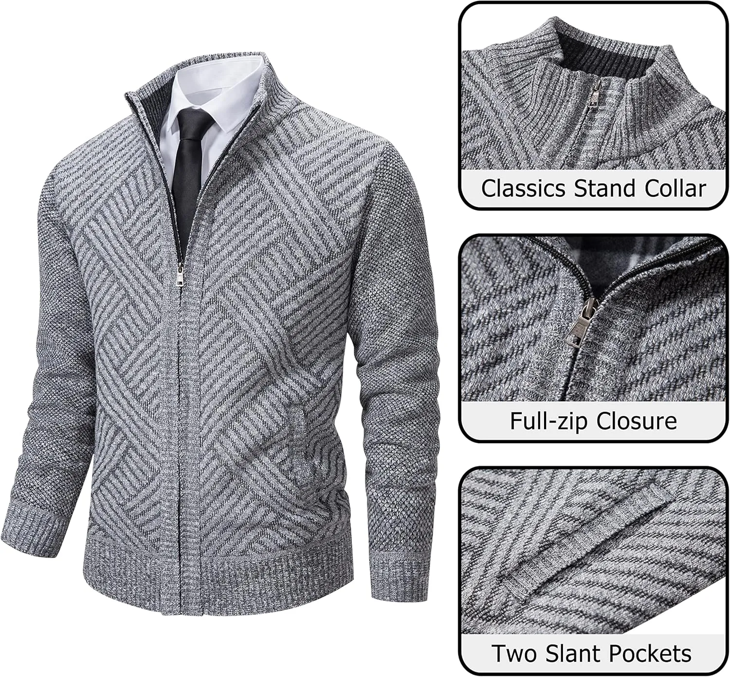 Vcansion Men's Slim Fit Full Zip Up Stand Collar Casual Knitted Sweaters Cardigan with Pockets