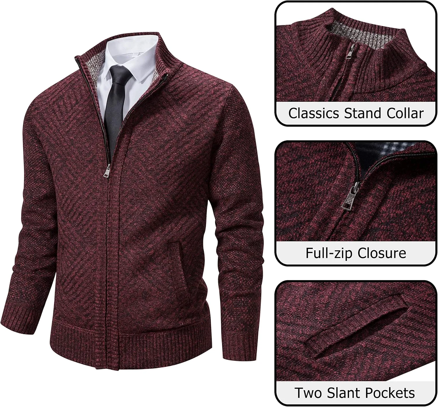 Vcansion Men's Slim Fit Full Zip Up Stand Collar Casual Knitted Sweaters Cardigan with Pockets