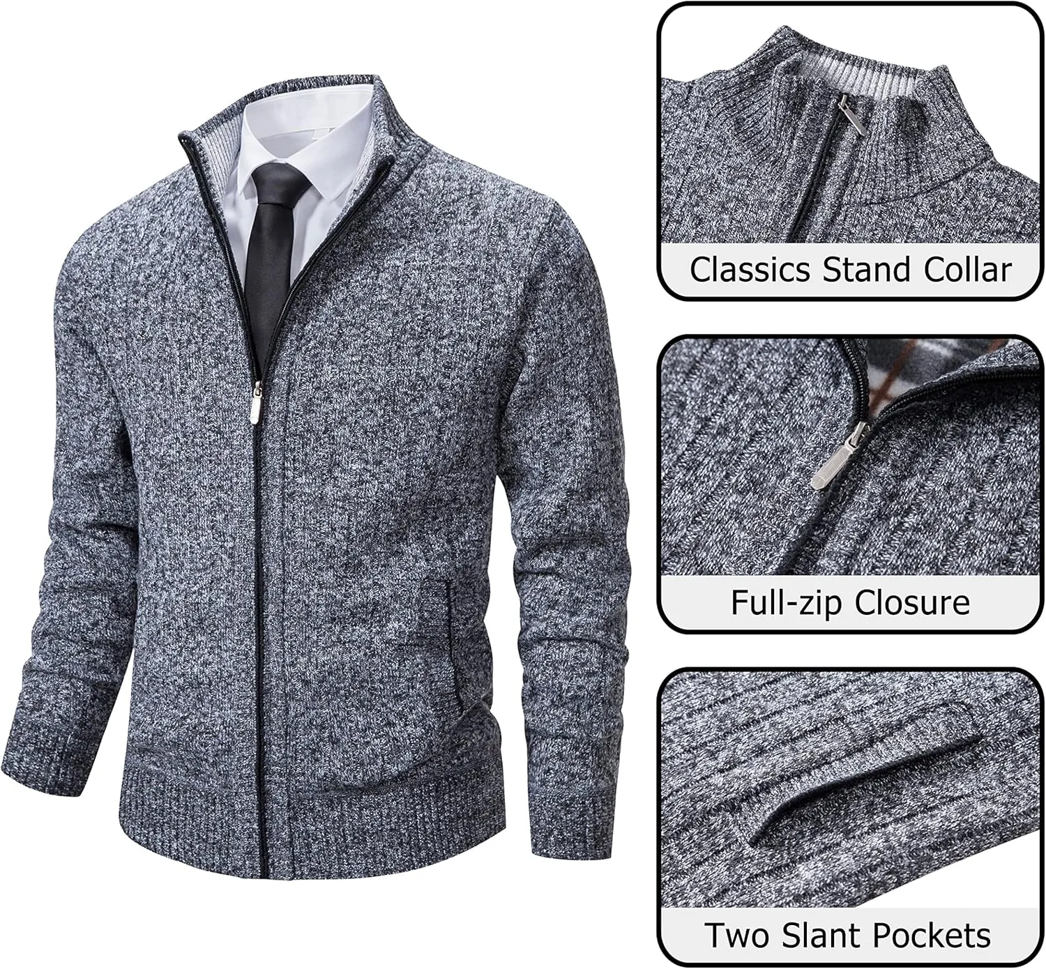 Vcansion Men's Slim Fit Full Zip Up Stand Collar Casual Knitted Sweaters Cardigan with Pockets