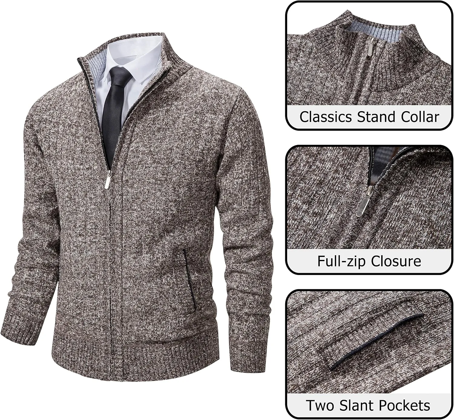 Vcansion Men's Slim Fit Full Zip Up Stand Collar Casual Knitted Sweaters Cardigan with Pockets