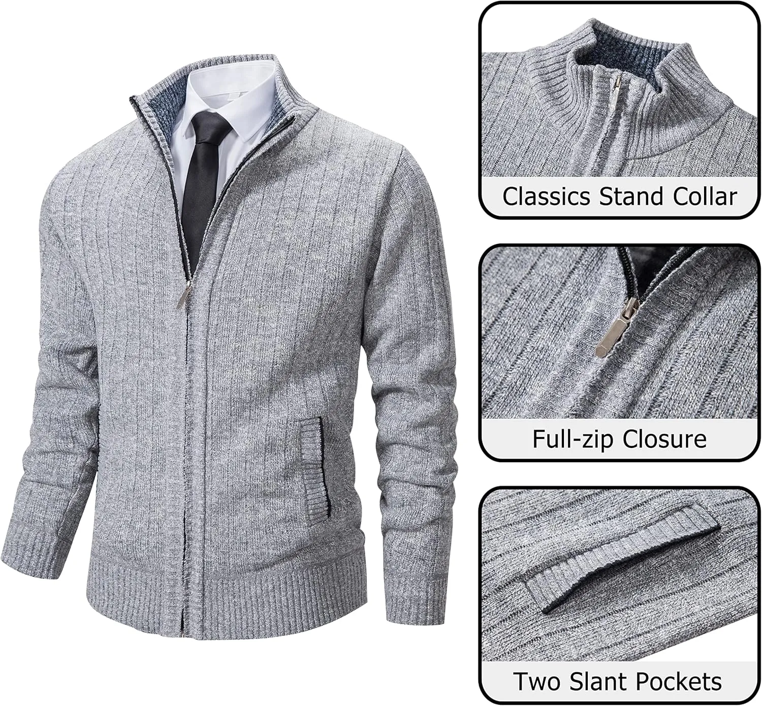 Vcansion Men's Slim Fit Full Zip Up Stand Collar Casual Knitted Sweaters Cardigan with Pockets