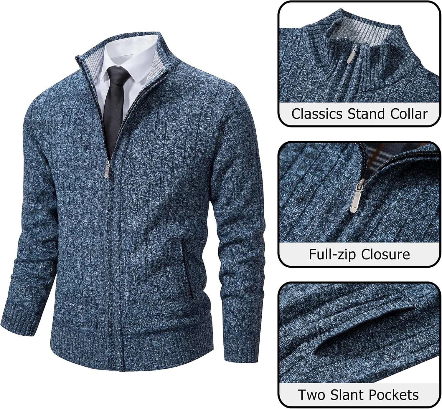 Vcansion Men's Slim Fit Full Zip Up Stand Collar Casual Knitted Sweaters Cardigan with Pockets
