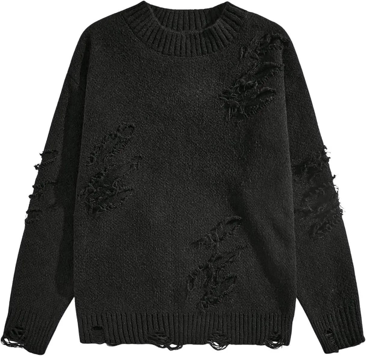 Verdusa Men's Ripped Hollow Crew Neck Long Sleeve Sweater Casual Knit Pullover Sweaters