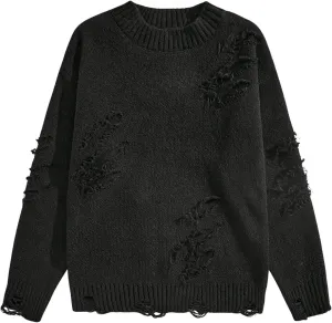 Verdusa Men's Ripped Hollow Crew Neck Long Sleeve Sweater Casual Knit Pullover Sweaters