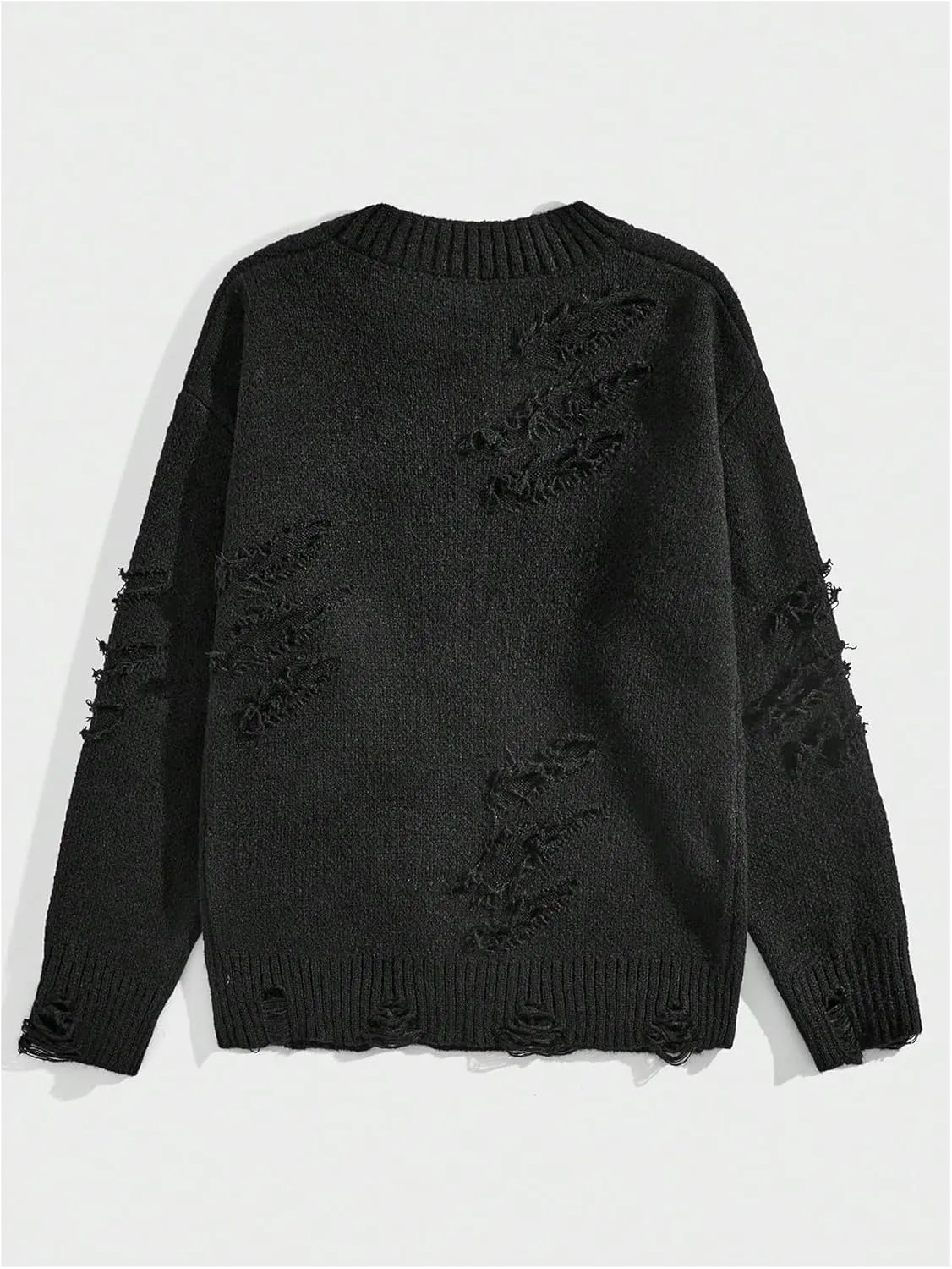 Verdusa Men's Ripped Hollow Crew Neck Long Sleeve Sweater Casual Knit Pullover Sweaters