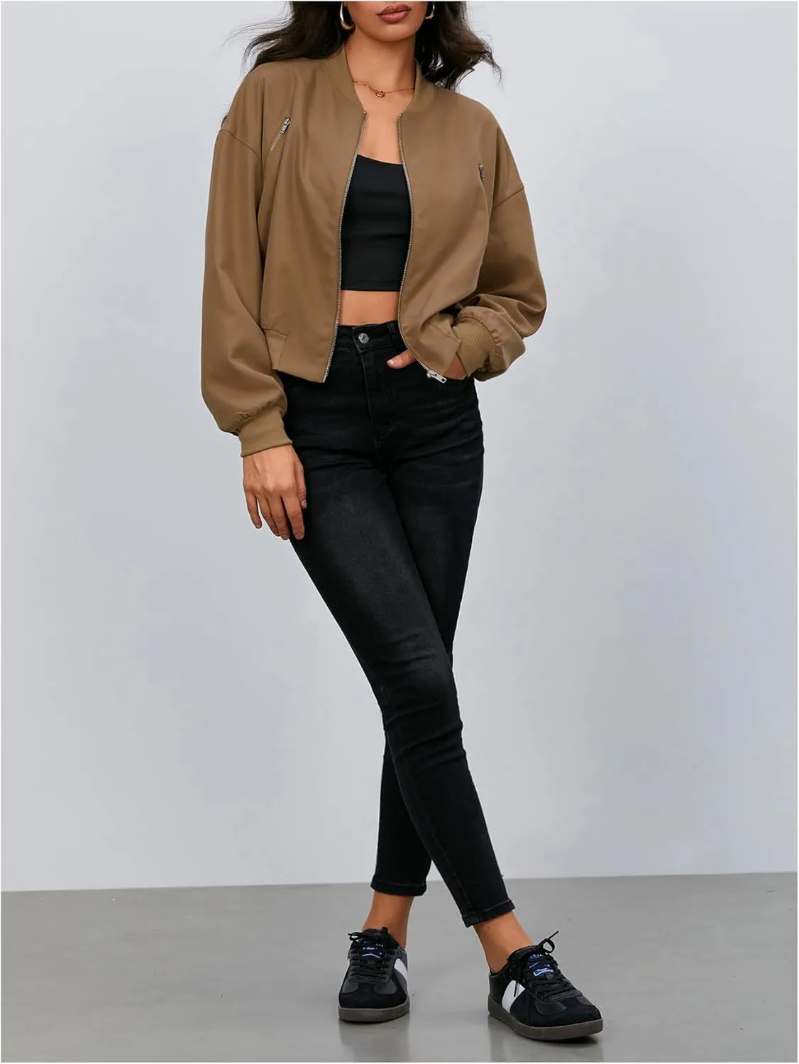 Verdusa Women's Cropped Bomber Jackets Casual Lightweight Jacket Zip Up Long Sleeve Coat