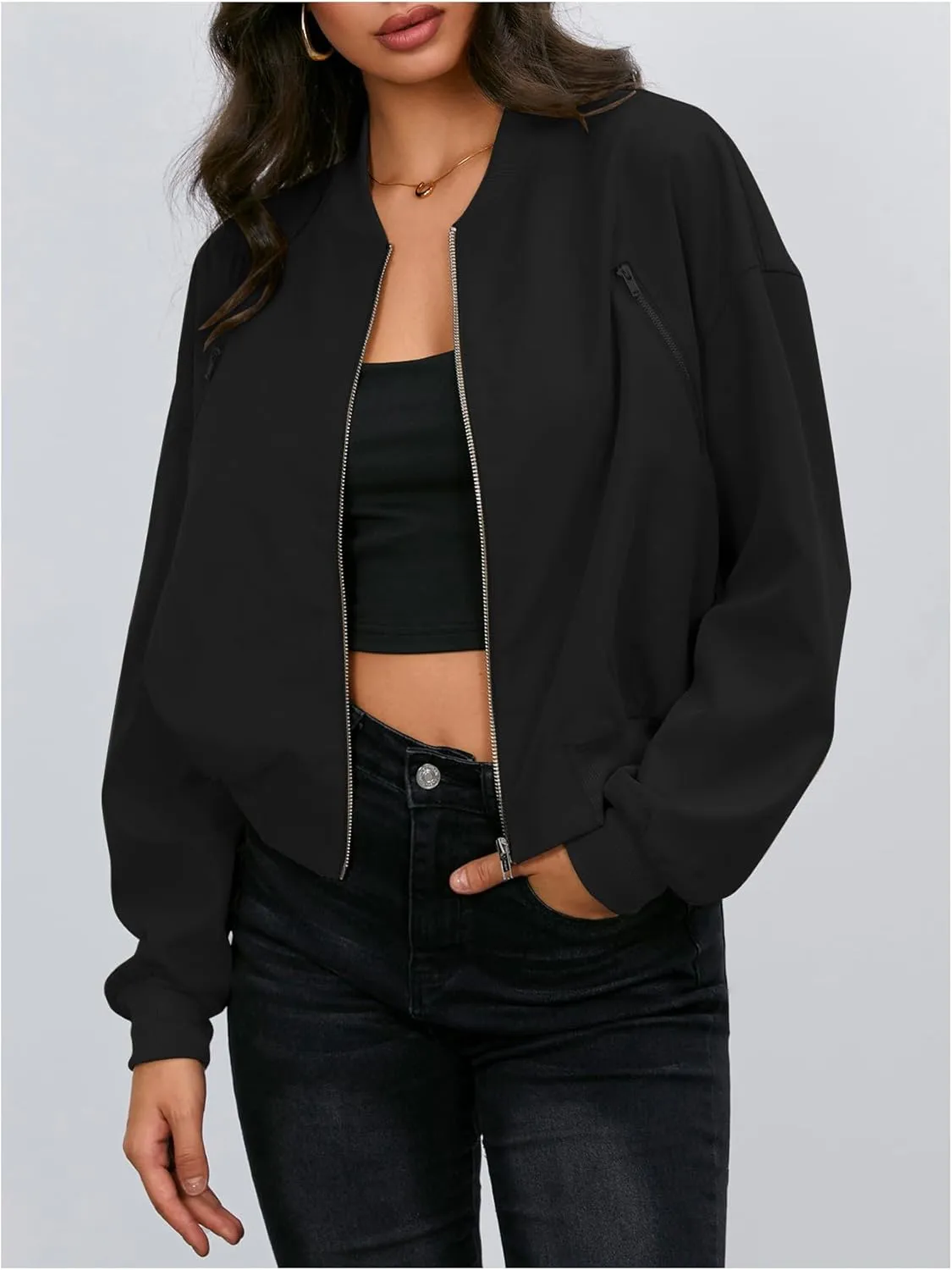 Verdusa Women's Cropped Bomber Jackets Casual Lightweight Jacket Zip Up Long Sleeve Coat