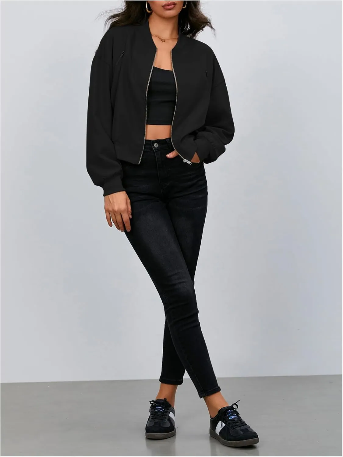 Verdusa Women's Cropped Bomber Jackets Casual Lightweight Jacket Zip Up Long Sleeve Coat