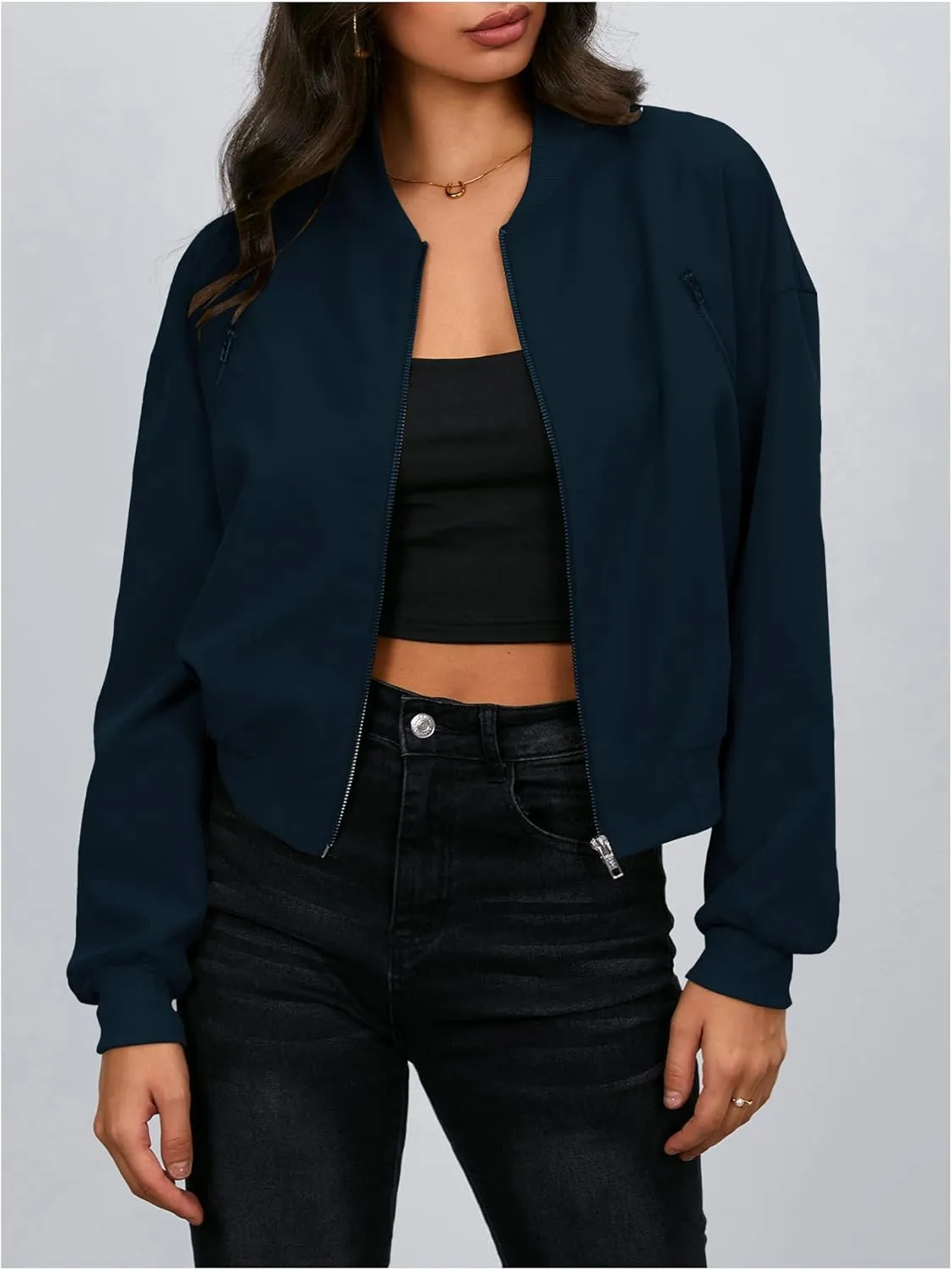 Verdusa Women's Cropped Bomber Jackets Casual Lightweight Jacket Zip Up Long Sleeve Coat