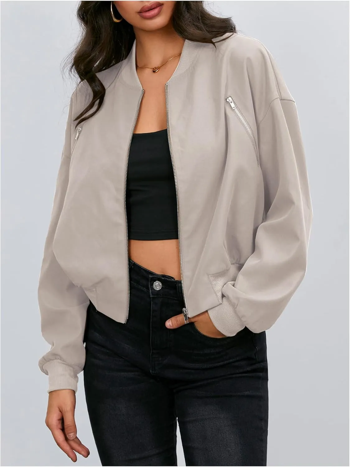 Verdusa Women's Cropped Bomber Jackets Casual Lightweight Jacket Zip Up Long Sleeve Coat