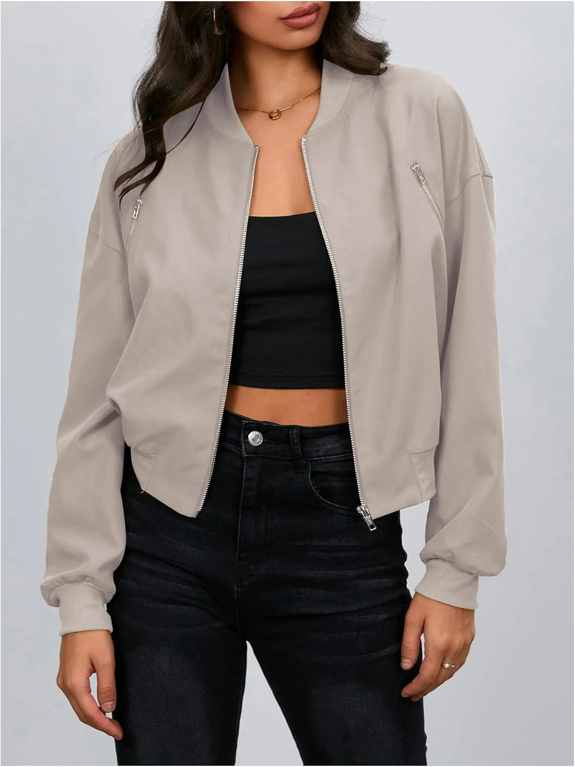 Verdusa Women's Cropped Bomber Jackets Casual Lightweight Jacket Zip Up Long Sleeve Coat