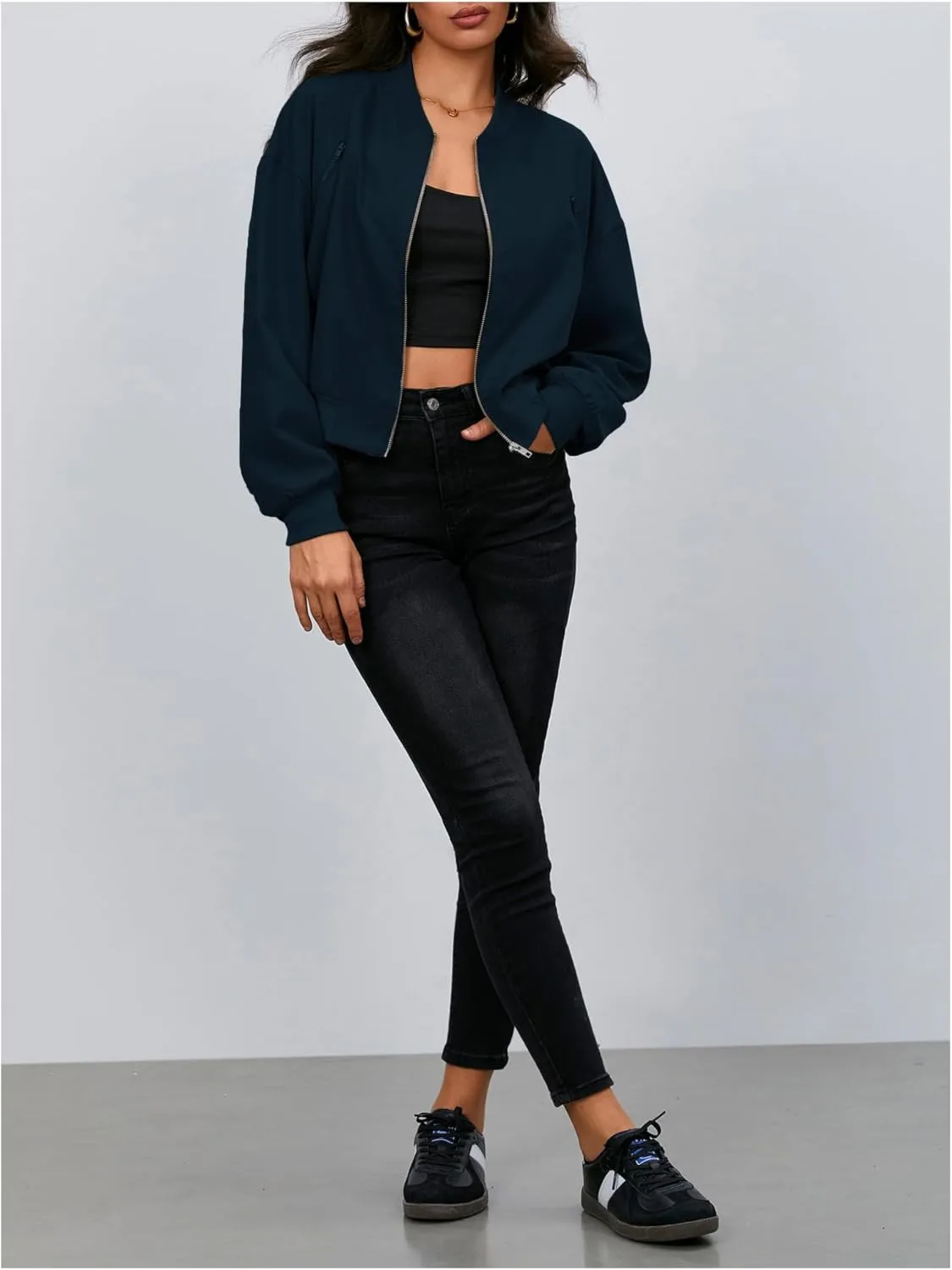 Verdusa Women's Cropped Bomber Jackets Casual Lightweight Jacket Zip Up Long Sleeve Coat