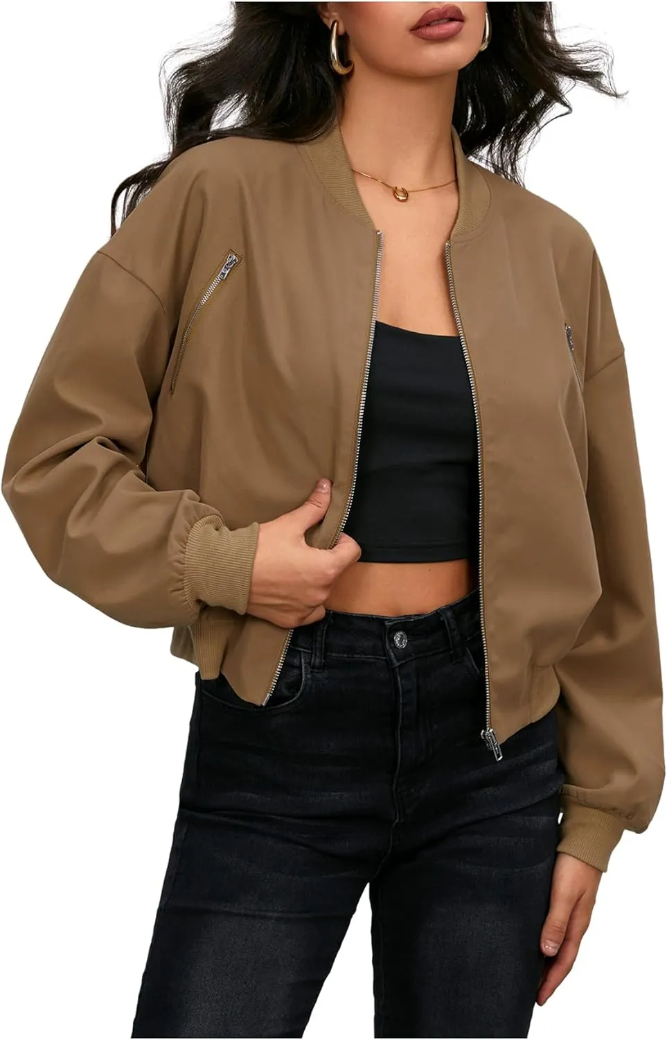 Verdusa Women's Cropped Bomber Jackets Casual Lightweight Jacket Zip Up Long Sleeve Coat