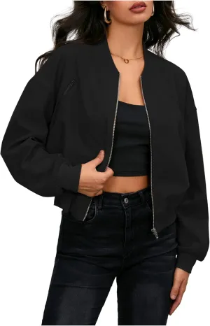 Verdusa Women's Cropped Bomber Jackets Casual Lightweight Jacket Zip Up Long Sleeve Coat