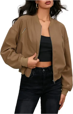 Verdusa Women's Cropped Bomber Jackets Casual Lightweight Jacket Zip Up Long Sleeve Coat