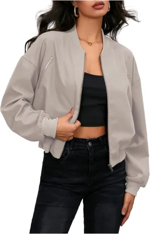 Verdusa Women's Cropped Bomber Jackets Casual Lightweight Jacket Zip Up Long Sleeve Coat