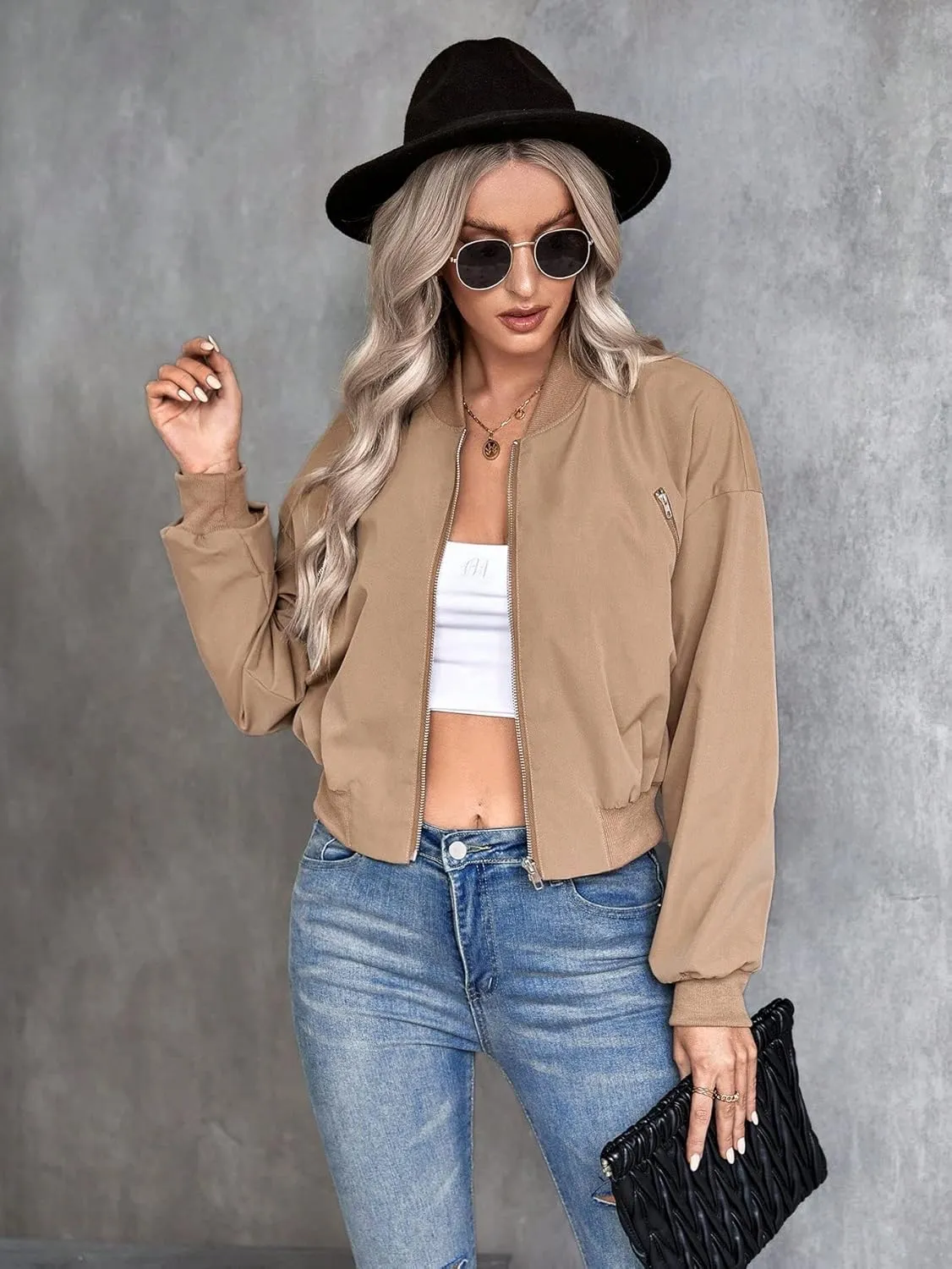 Verdusa Women's Cropped Bomber Jackets Casual Lightweight Jacket Zip Up Long Sleeve Coat
