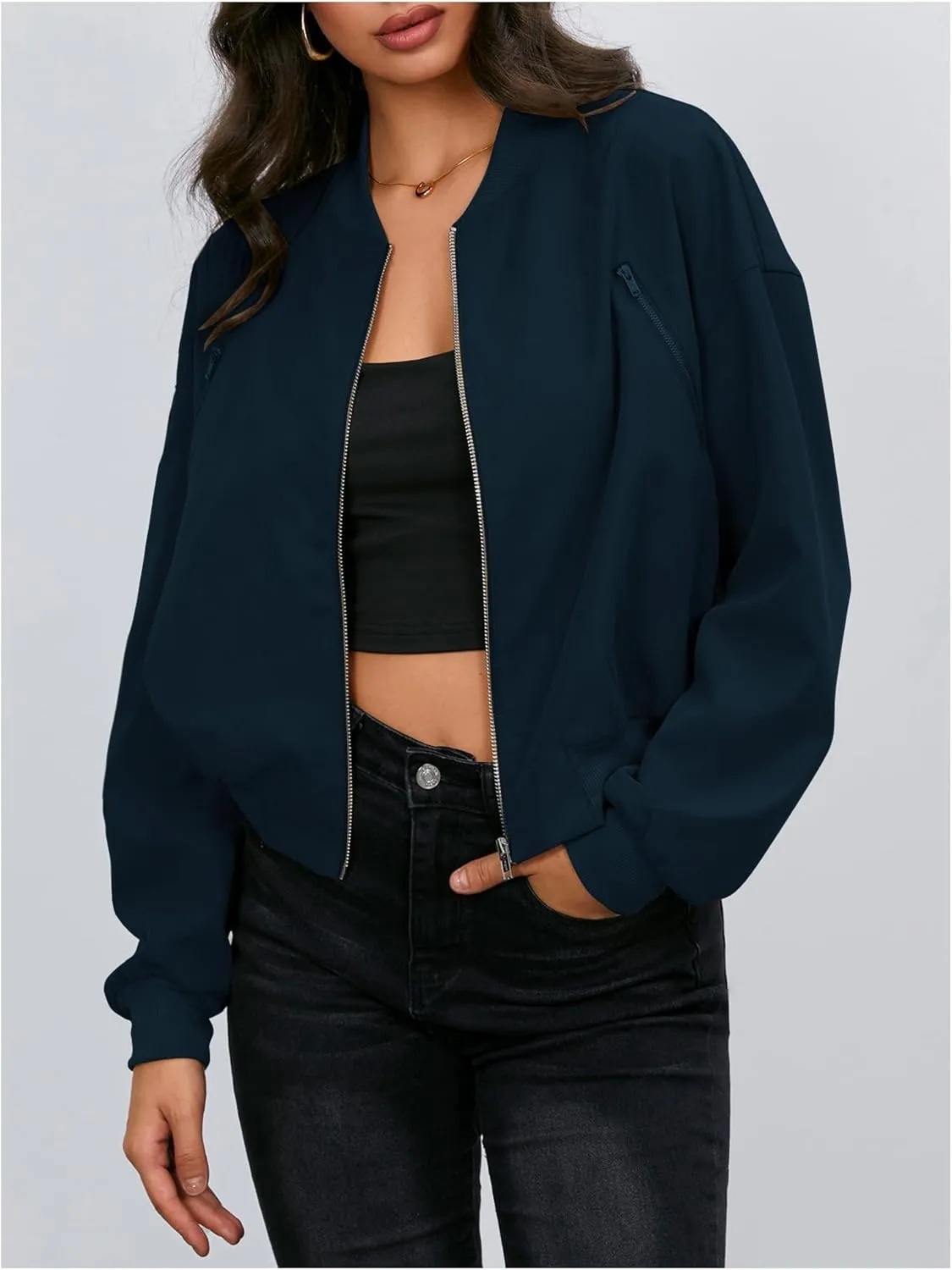 Verdusa Women's Cropped Bomber Jackets Casual Lightweight Jacket Zip Up Long Sleeve Coat