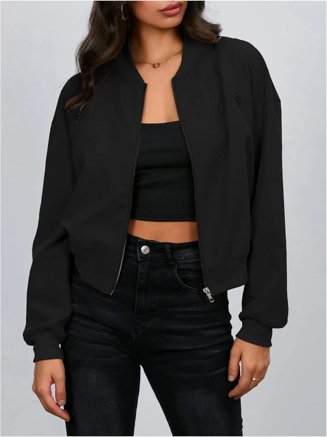 Verdusa Women's Cropped Bomber Jackets Casual Lightweight Jacket Zip Up Long Sleeve Coat