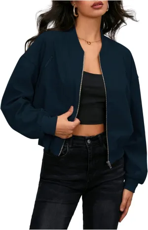Verdusa Women's Cropped Bomber Jackets Casual Lightweight Jacket Zip Up Long Sleeve Coat