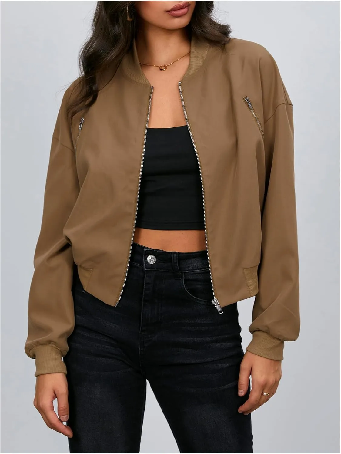 Verdusa Women's Cropped Bomber Jackets Casual Lightweight Jacket Zip Up Long Sleeve Coat