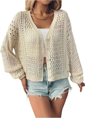 Verdusa Women's Hollow Out Button Down Cardigan Sweaters Sheer Crochet V Neck Knit Outwear