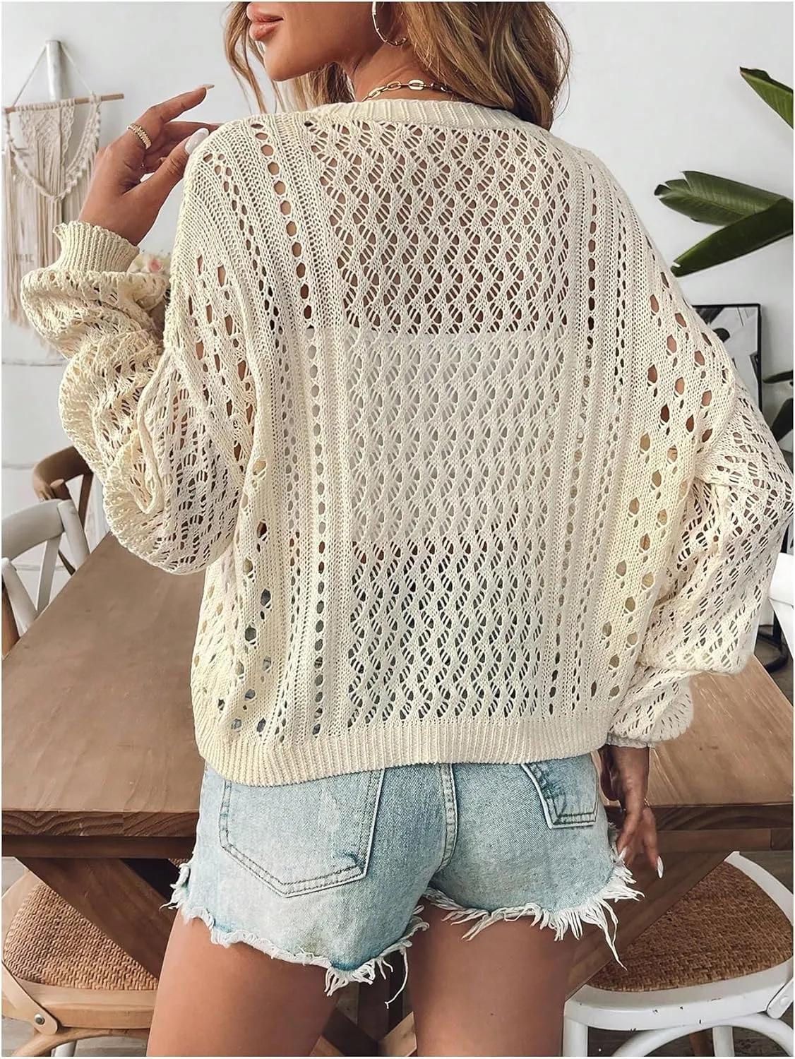 Verdusa Women's Hollow Out Button Down Cardigan Sweaters Sheer Crochet V Neck Knit Outwear