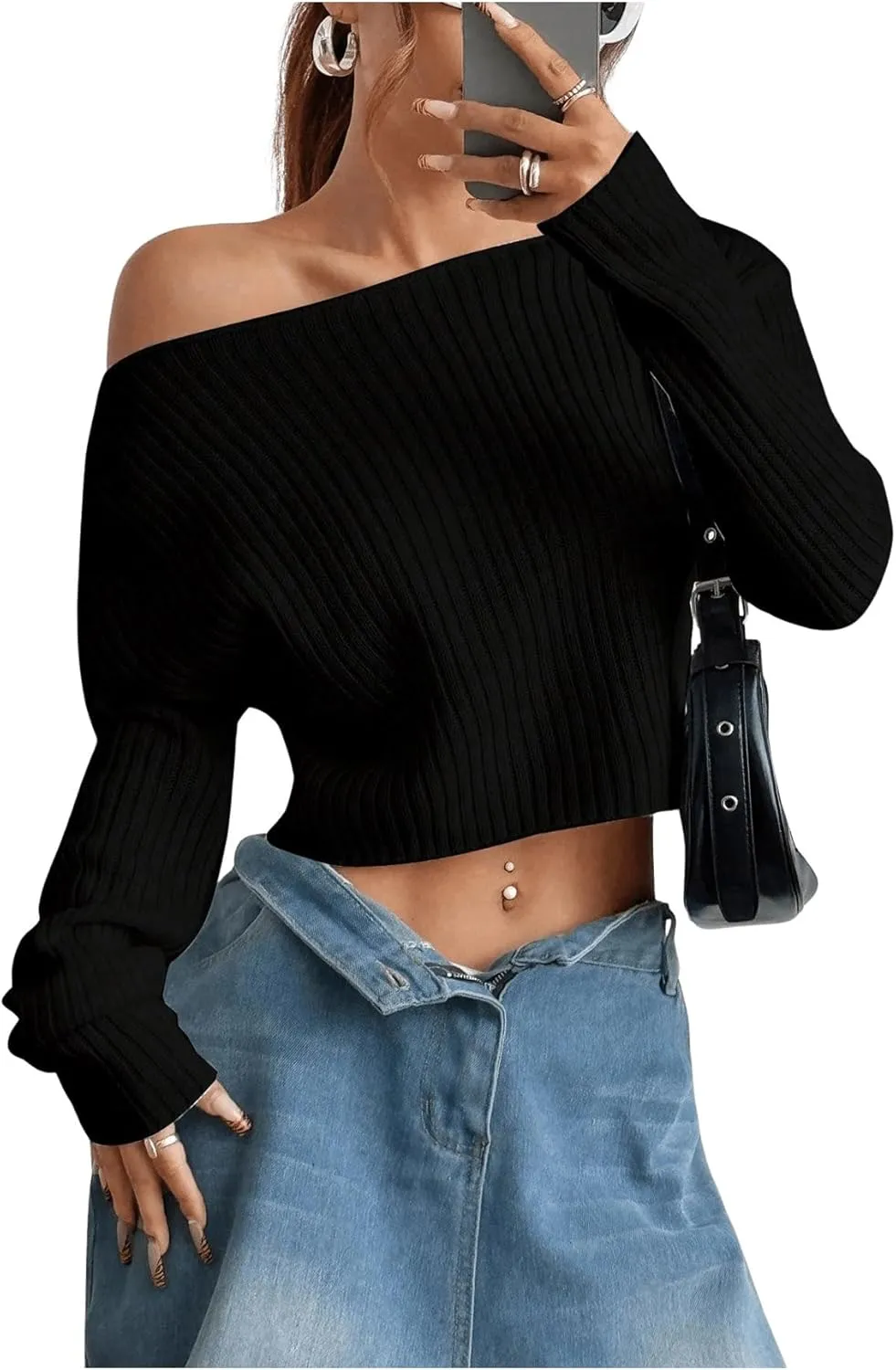 Verdusa Women's Off Shoulder Long Sleeve Sweater Y2K Cold Shoulder Sweaters Knit Fitted Pullover Top